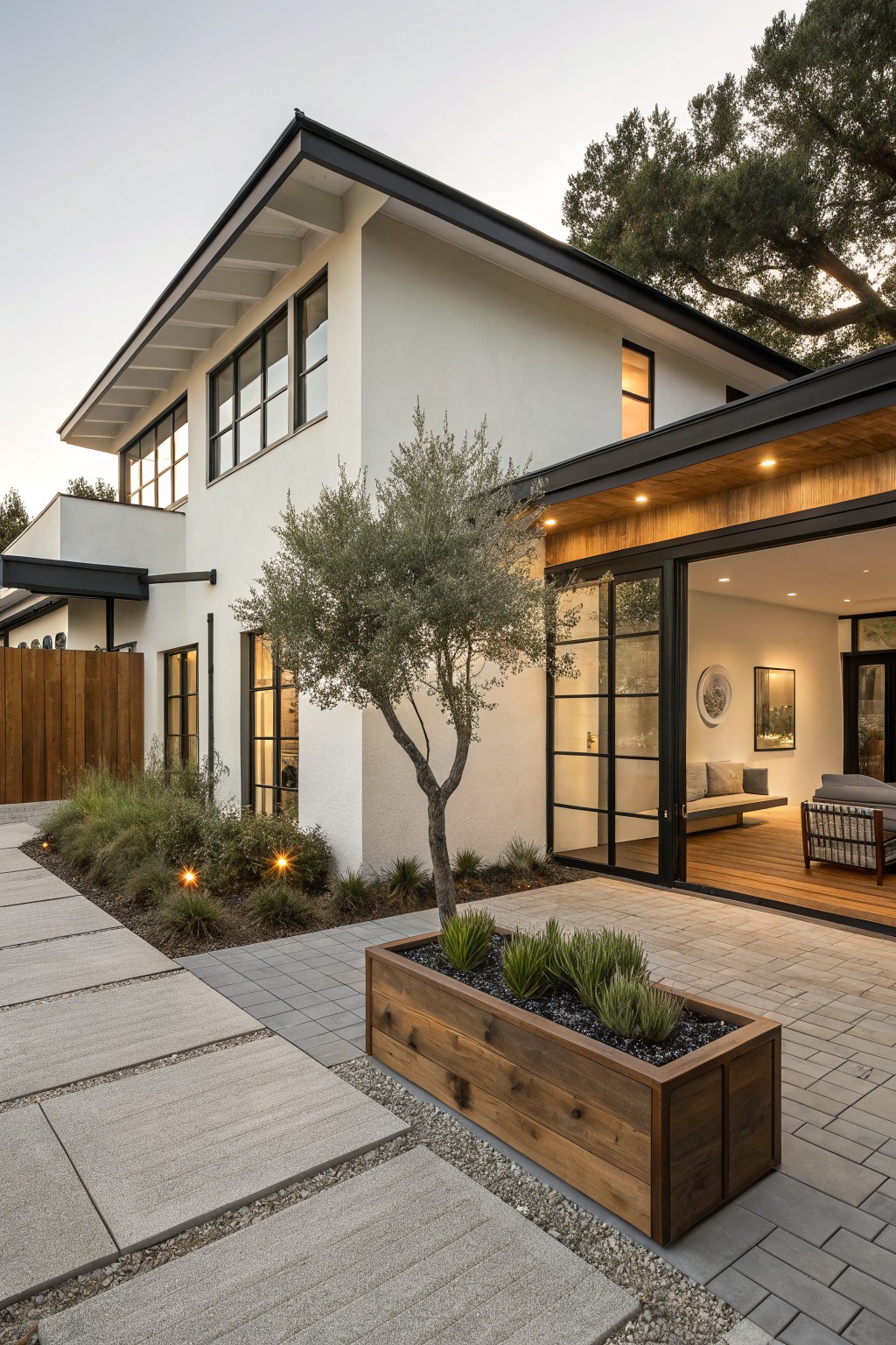 Modern farmhouse exterior with white stucco walls, black-framed windows, and a large wooden planter box on a paved courtyard.