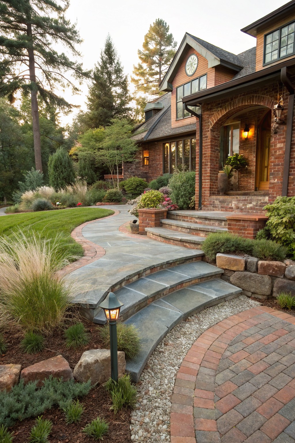 A brick and wood house with a curved stone pathway bordered by brick leading to the front steps and a brick driveway area in the foreground.