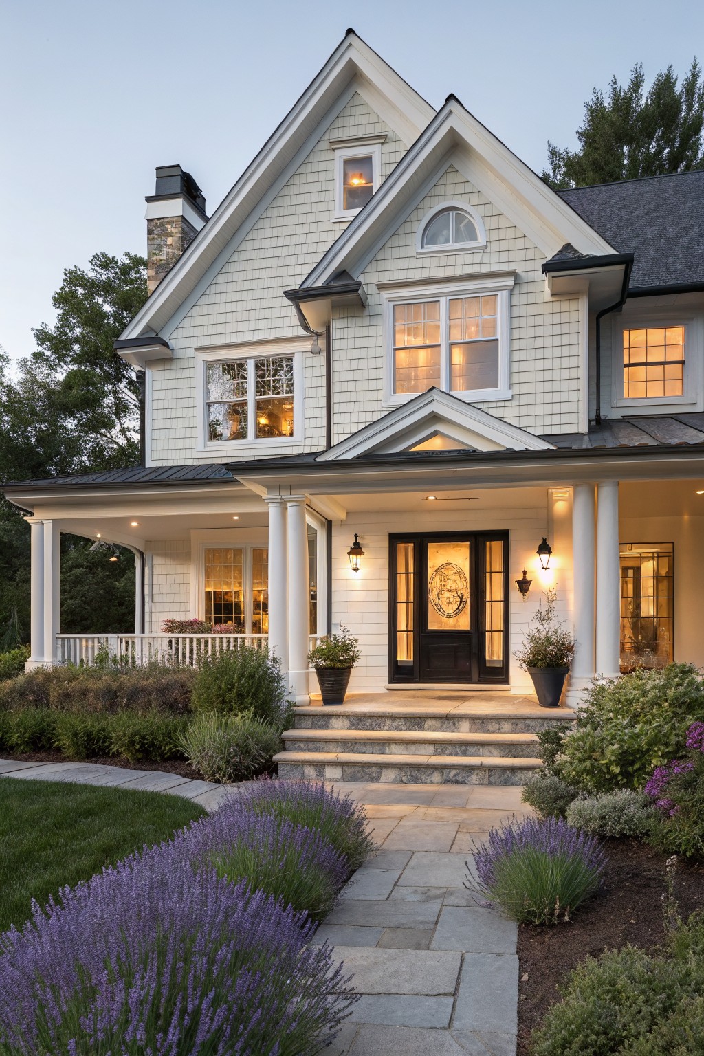 A two-story farmhouse exterior with light siding shows a wide covered porch supported by white columns, stone steps, and a dark front door centered under the gable.