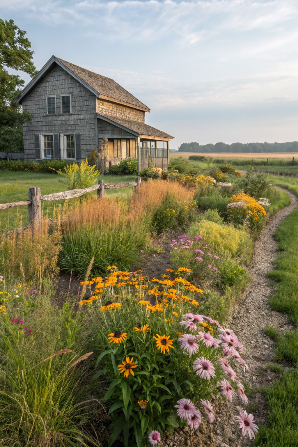 A gray shingled farmhouse viewed from a curving gravel path bordered by tall grasses and clusters of orange and pink wildflowers.