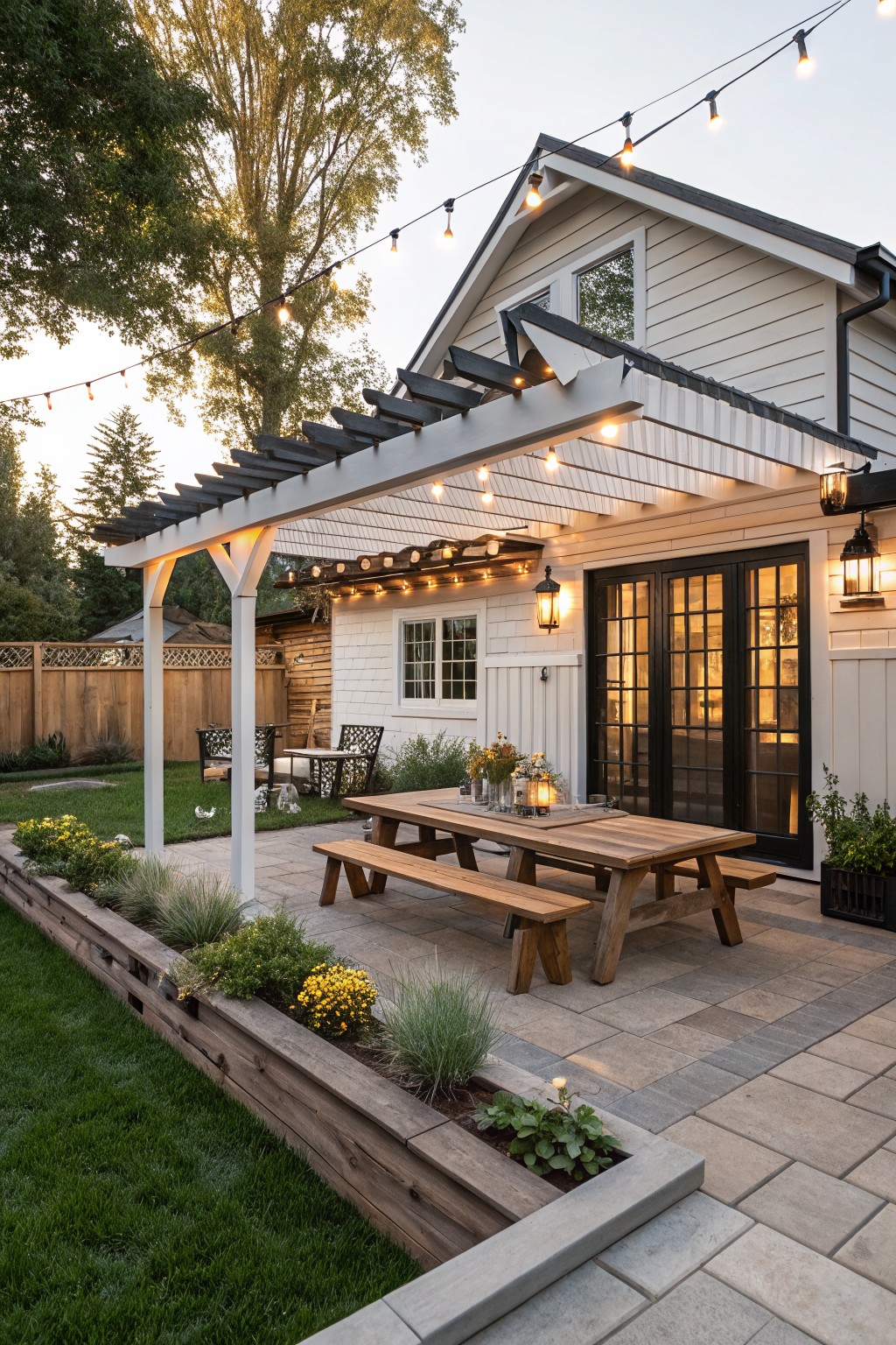 A wooden dining table with benches sits under a white pergola on a stone patio next to a house with black doors.