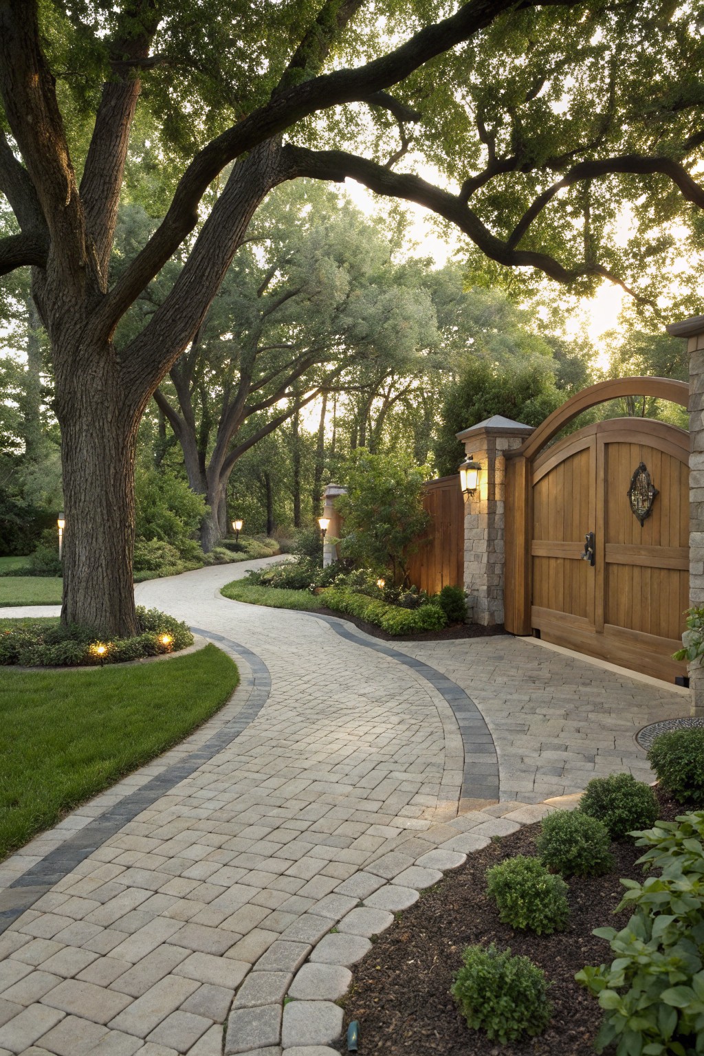 Curved cobblestone driveway leading to wooden gate under large trees at dusk