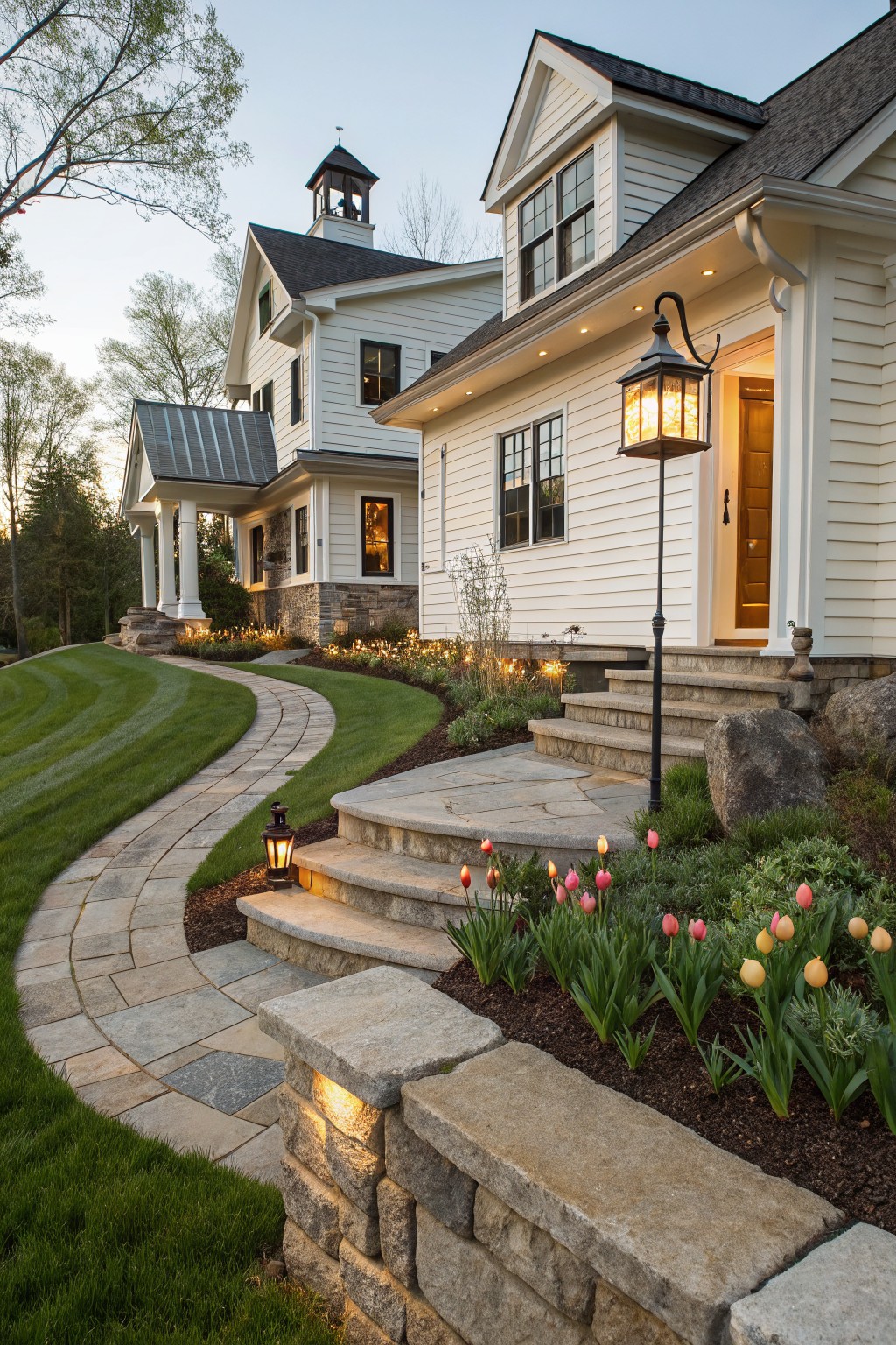 A white farmhouse exterior with a curved stone pathway, steps, and flower beds leading to the front door.