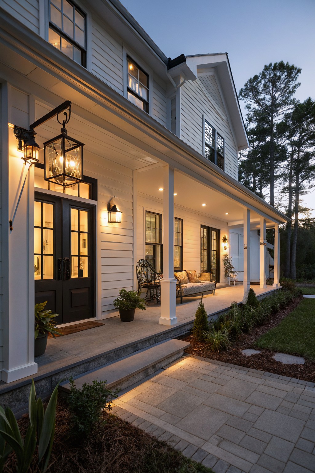 White house with glowing porch lanterns, black doors, and paved walkway at dusk