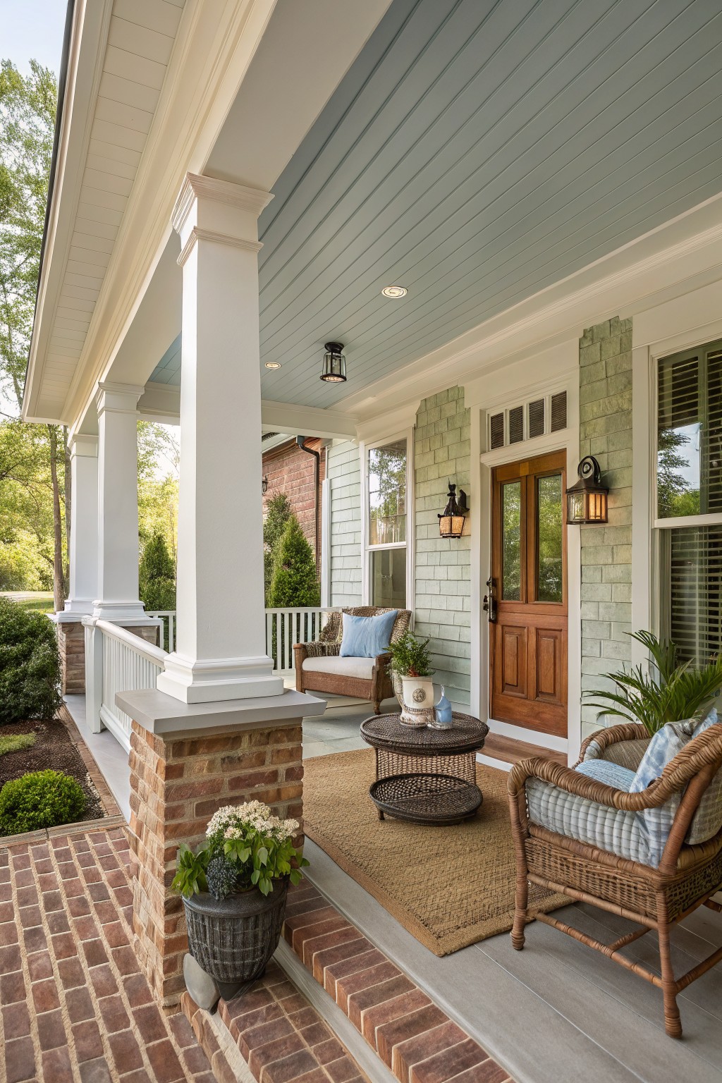 Front porch with white columns, brick bases, wicker seating, a round table on a rug, and a wooden entry door.
