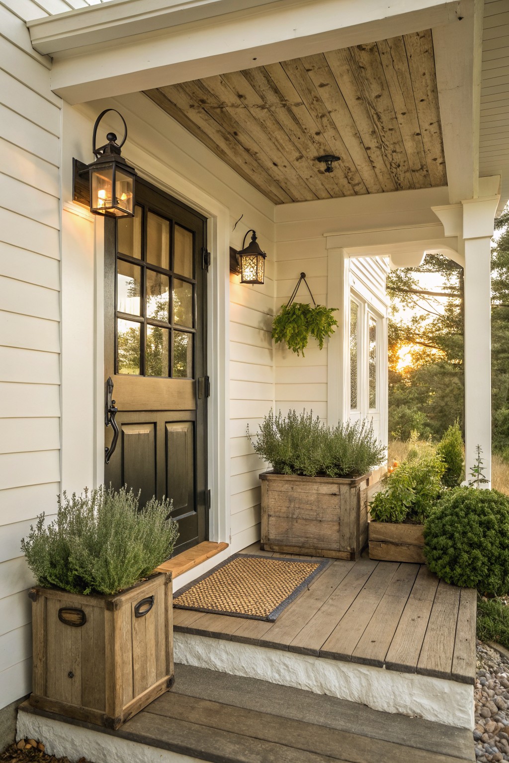 Rustic wooden porch with potted plants, doormat, dark door, and glowing lanterns.