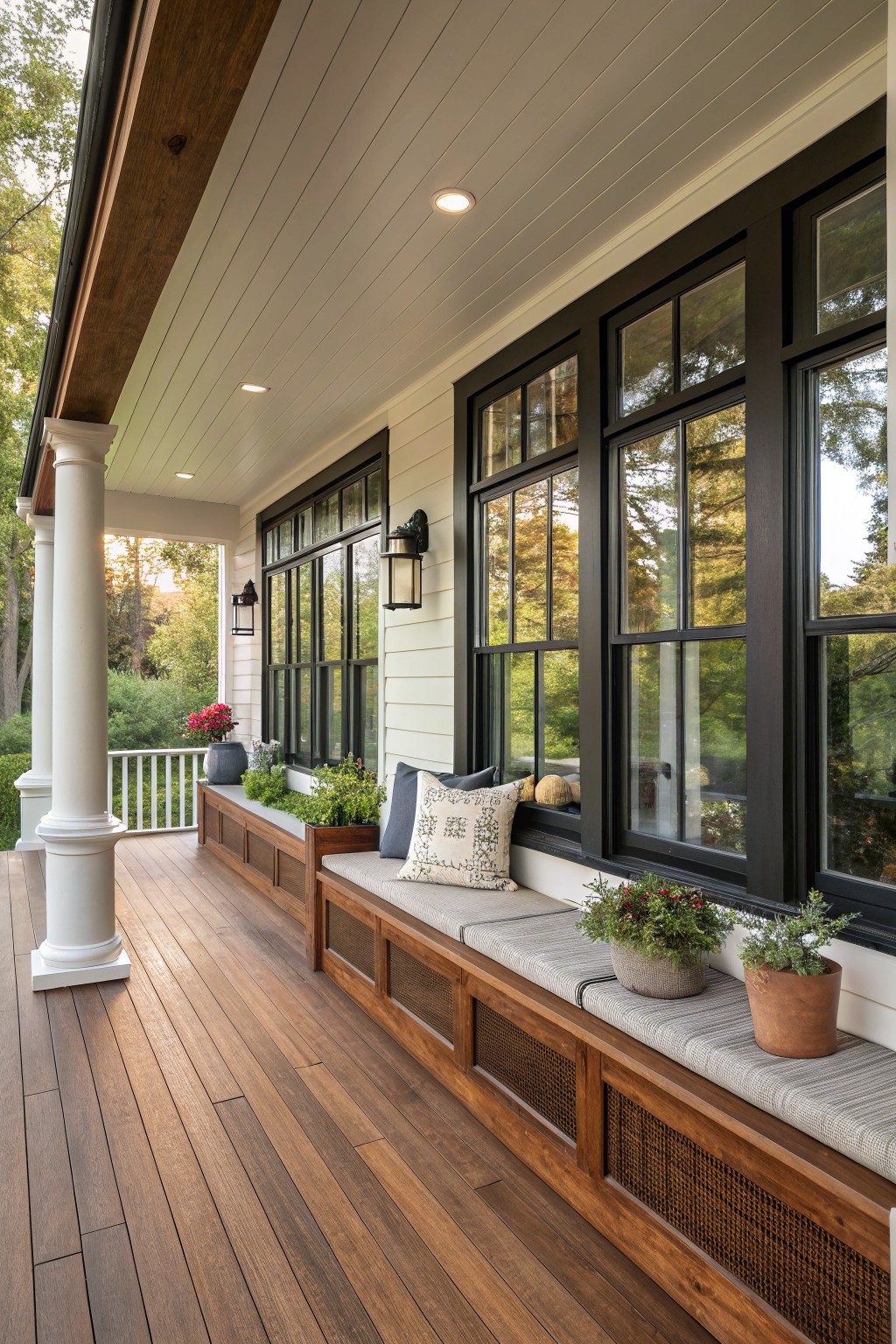 A long wooden built-in bench with gray cushions runs beneath black-framed windows on a covered farmhouse porch with wood flooring and white columns.
