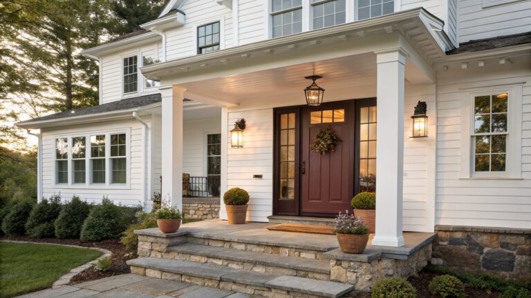 White farmhouse exterior with a dark red double front door, white columns, and stone steps leading to a covered porch.
