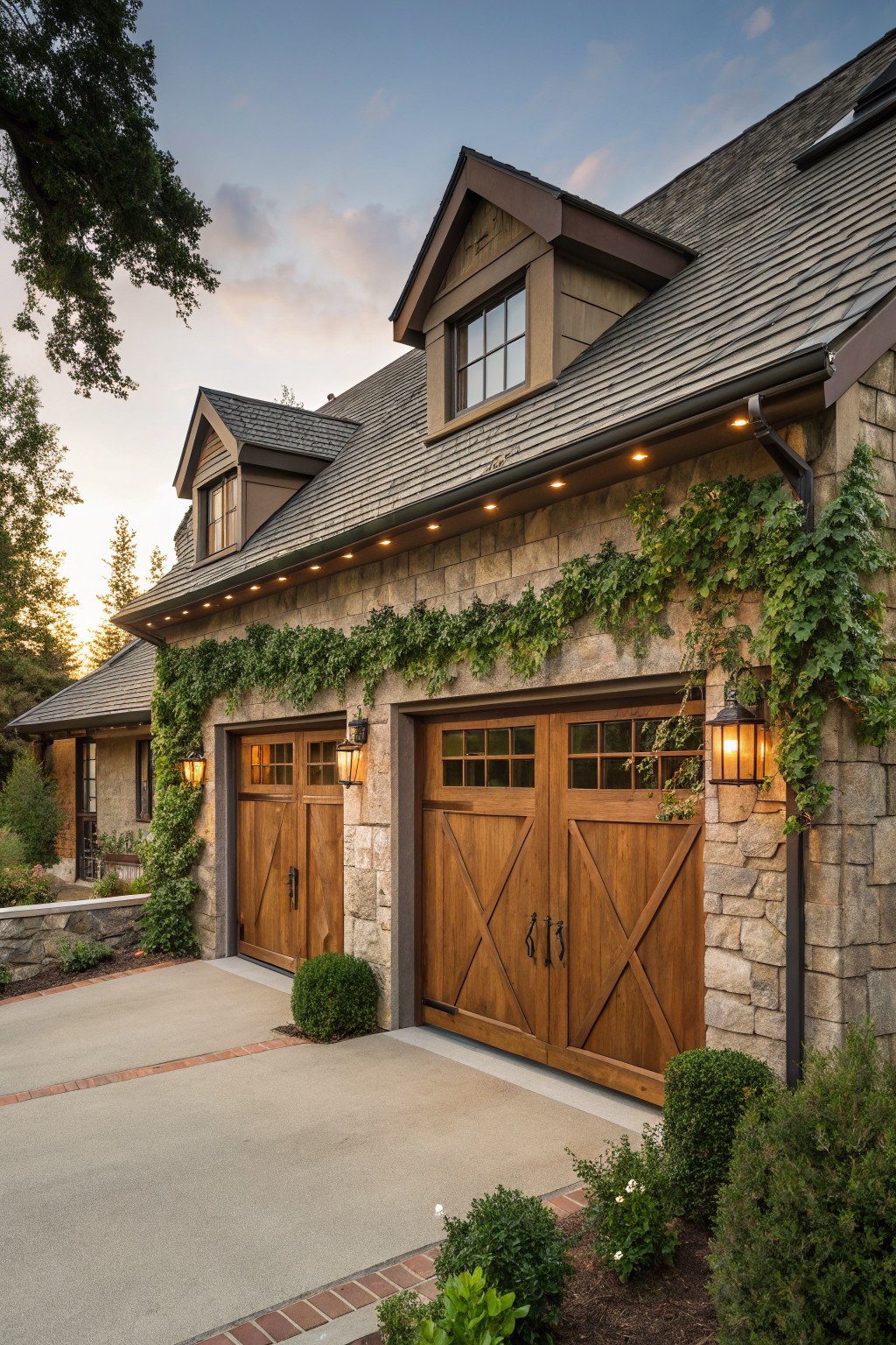 A stone house exterior with two large wooden garage doors that have X-bracing, flanked by climbing vines and wall lanterns.