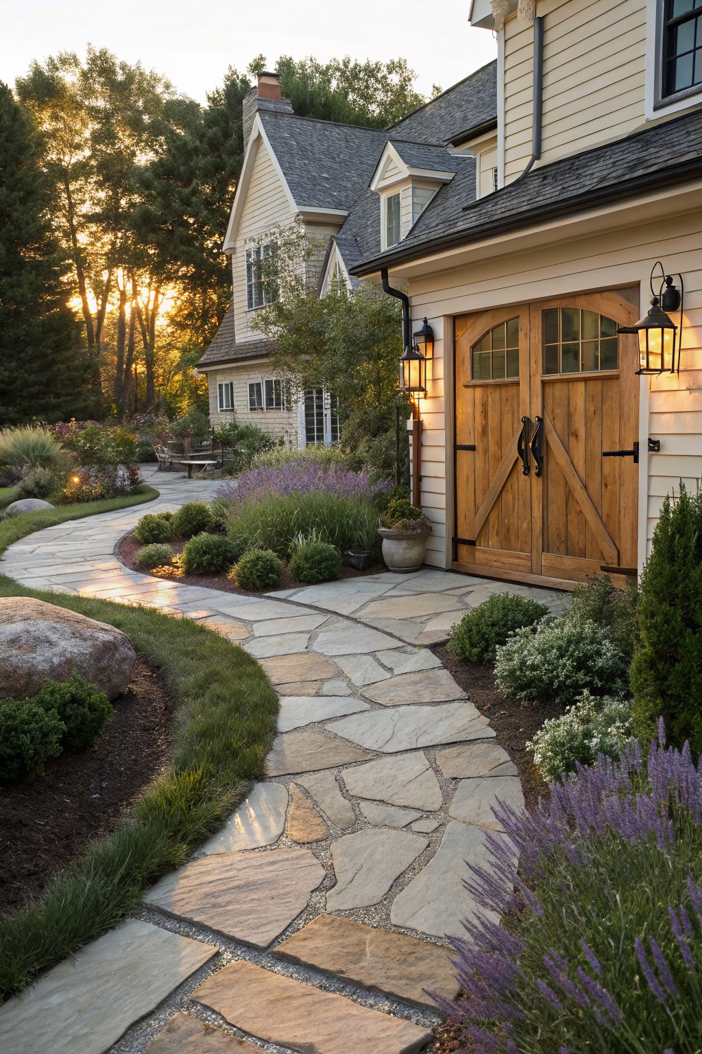 A curved flagstone pathway winds through garden beds toward wooden double doors on a light-colored farmhouse exterior.