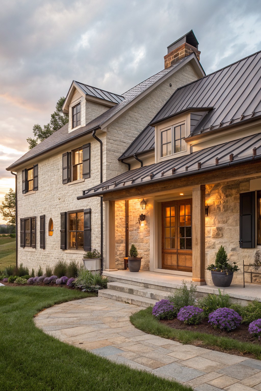 Front view of a farmhouse exterior with white siding on the left side and stone on the right around the porch, dark metal roof, black shutters, and stone steps leading to a wooden door.