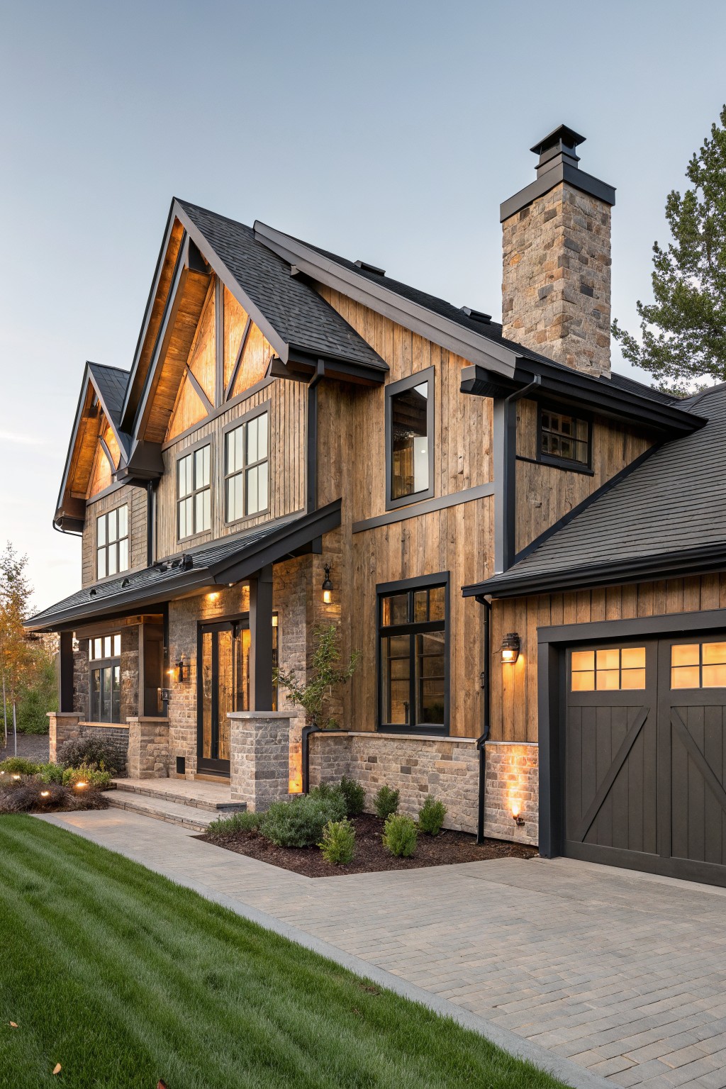 Modern wooden house with stone chimney, black trim, and lit windows at dusk.