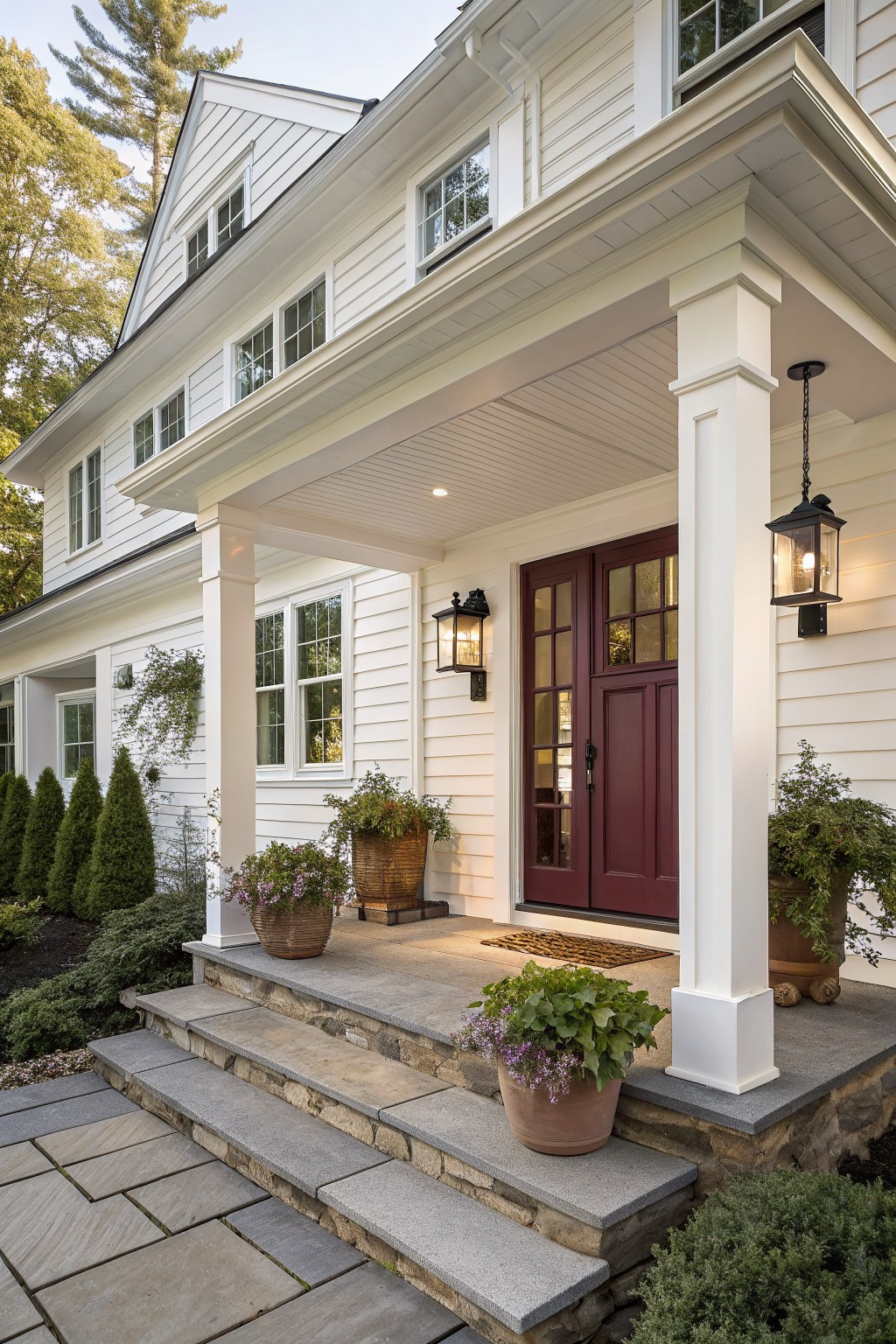 White farmhouse exterior with a dark red double front door, white columns, and stone steps leading to a covered porch.