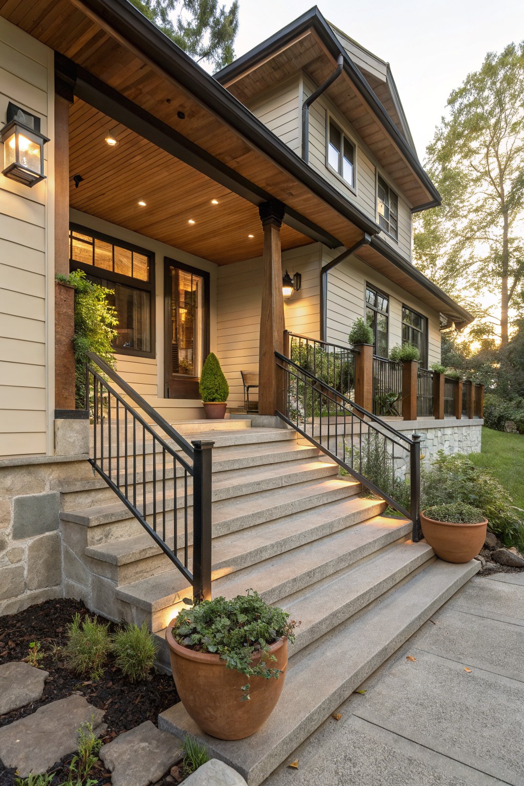 House porch with wooden beams, concrete stairs, black railings, and terracotta plant pots