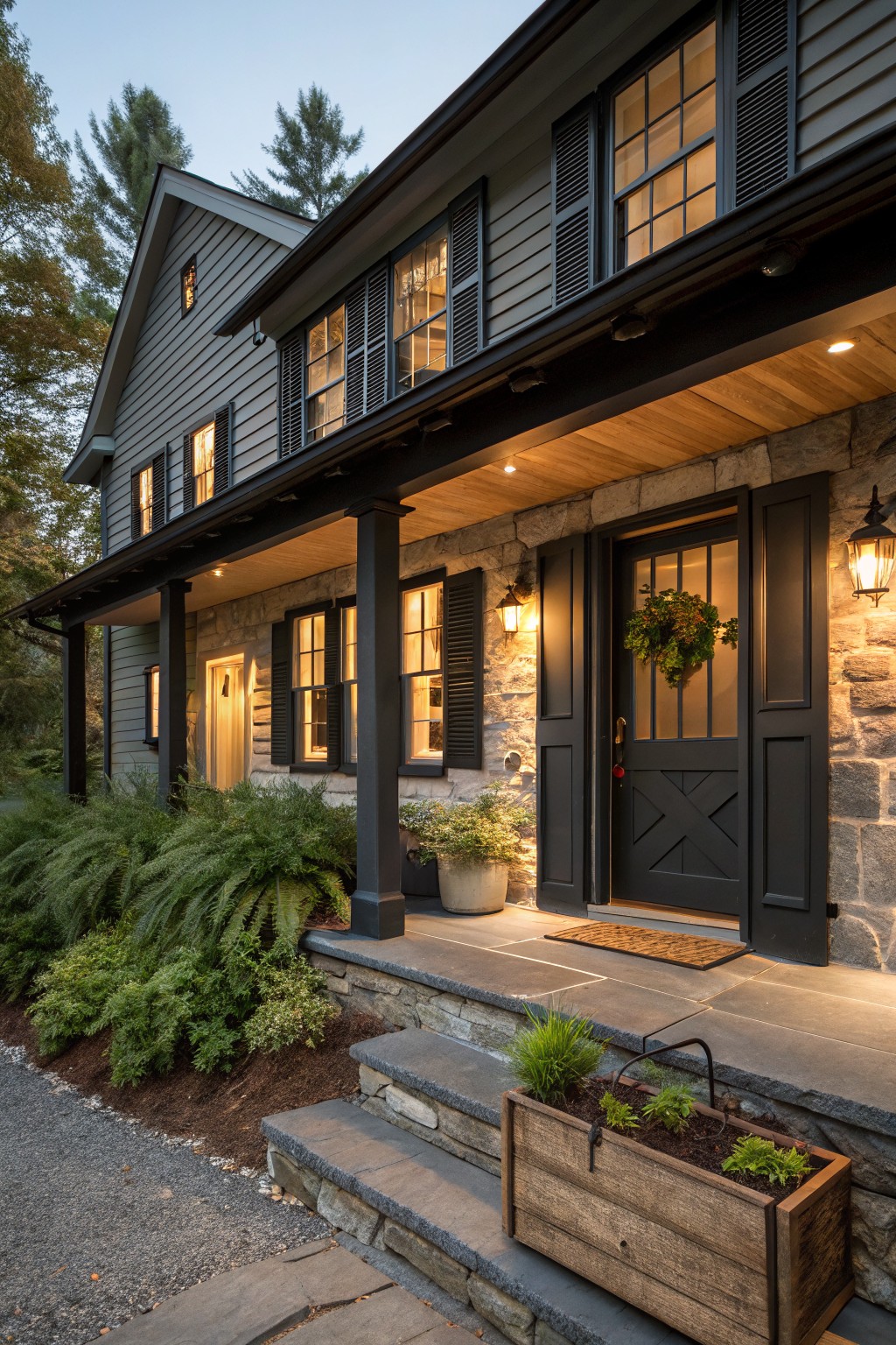 A gray farmhouse exterior with stone foundation, black shutters, black trim, and a dark front door under a covered porch.