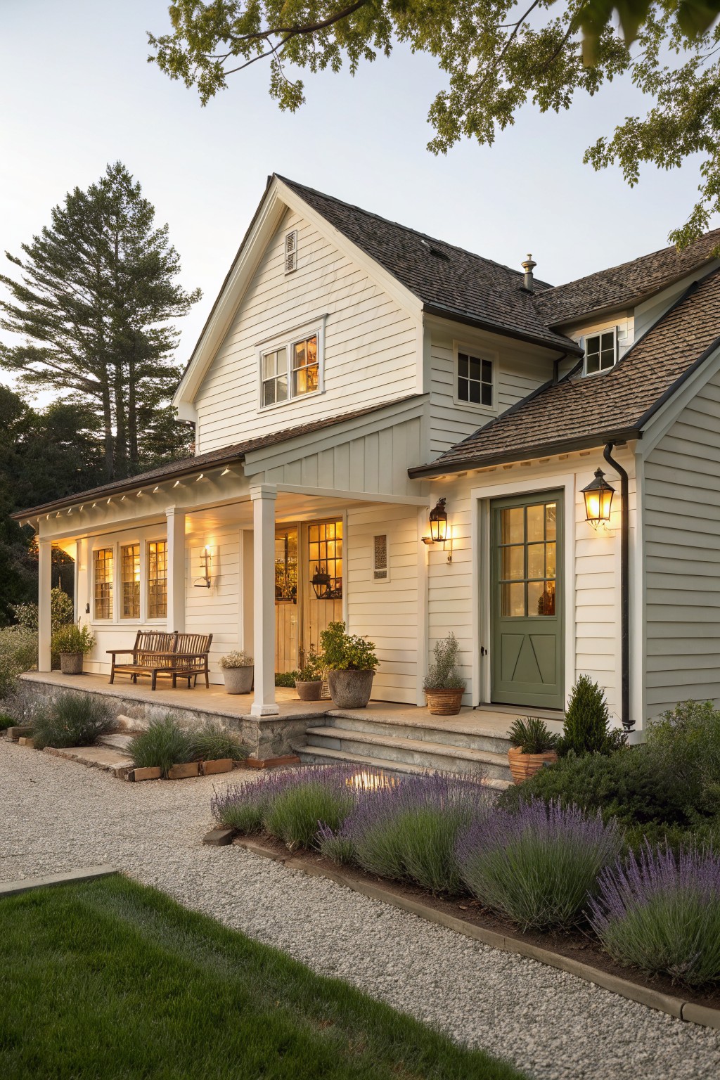 A white farmhouse exterior with a green front door, covered porch with columns, wood bench, and gravel path with lavender plantings.