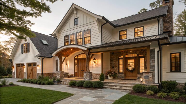 A white two-story farmhouse with wooden front doors, wood trim details, a stone chimney, and a stone pathway leading to the covered porch.