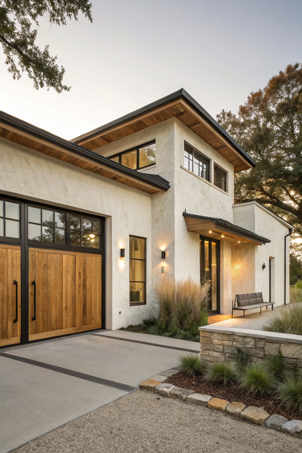 A modern farmhouse exterior with white stucco walls, dark wood garage doors, black-framed windows, and a covered entry with bench seating.