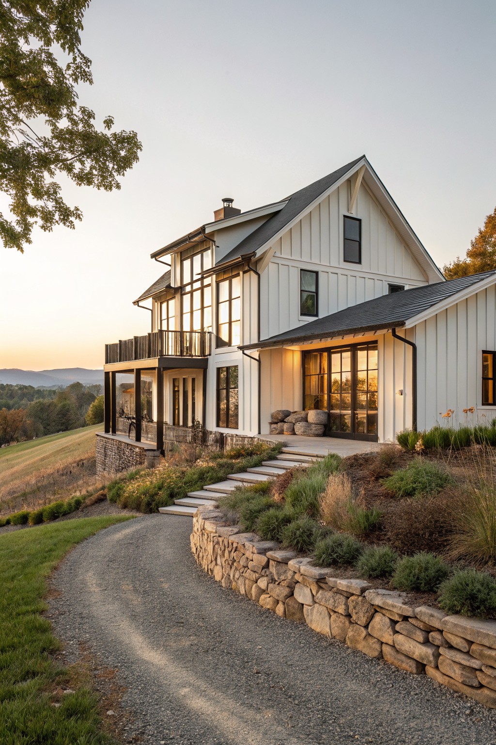 A white two-story farmhouse with black window trim, stone foundation walls, and a gravel driveway curving past landscaped beds.
