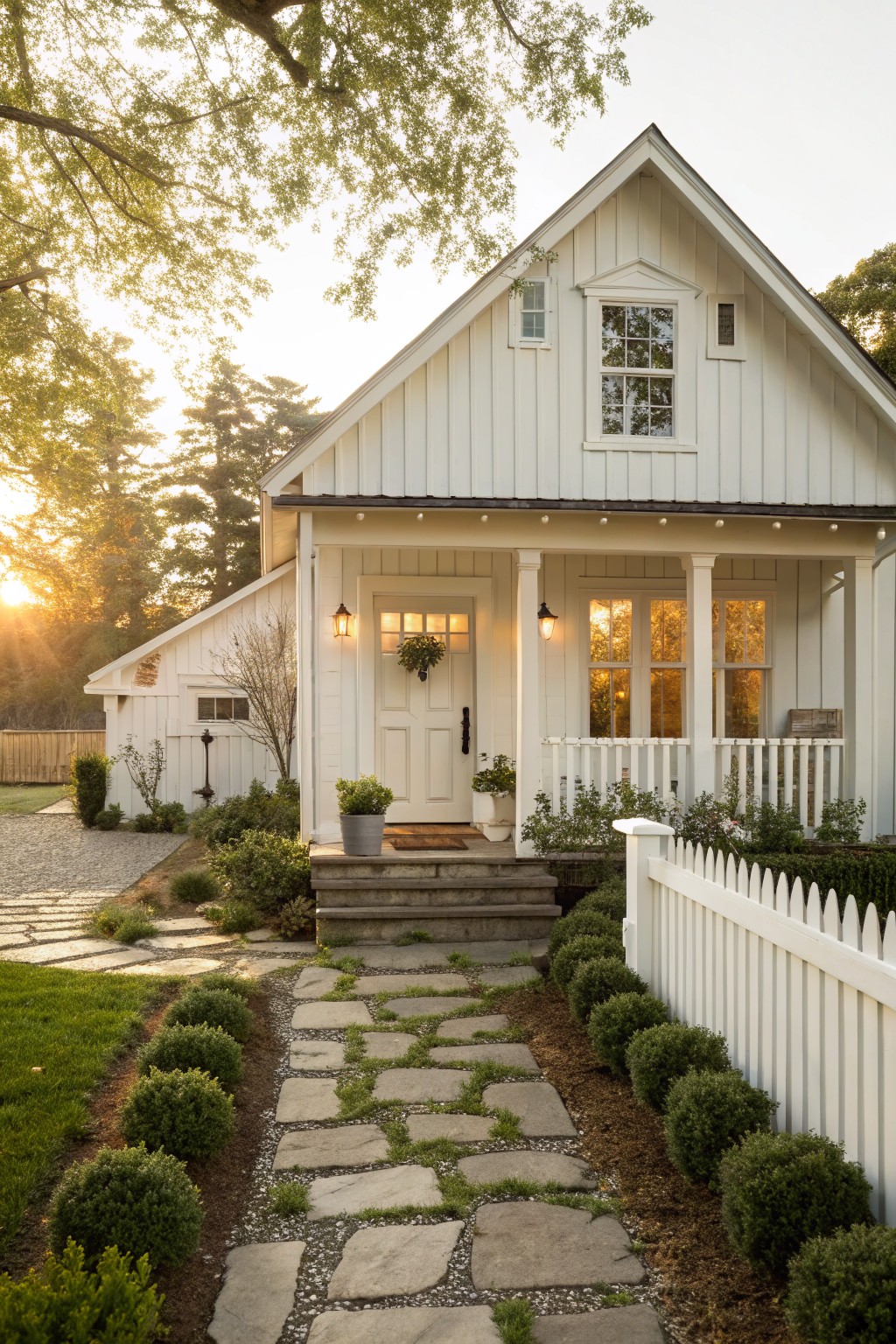 A white wooden farmhouse with a gabled roof, front porch with columns, and a stone pathway leading to the steps.