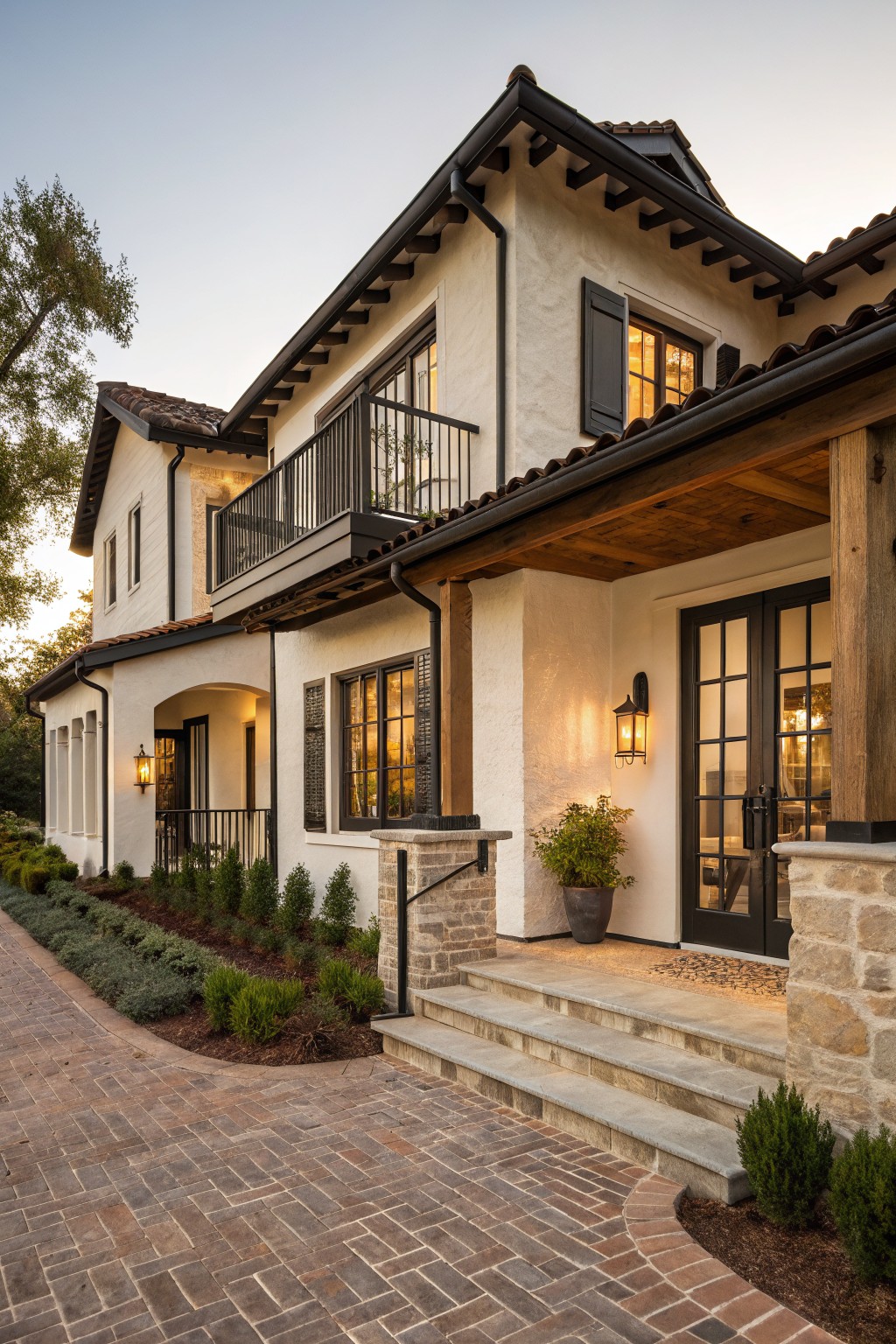 A two-story farmhouse with warm white stucco walls, dark wood beams under the eaves, black-framed windows and doors, and stone steps at the entry.