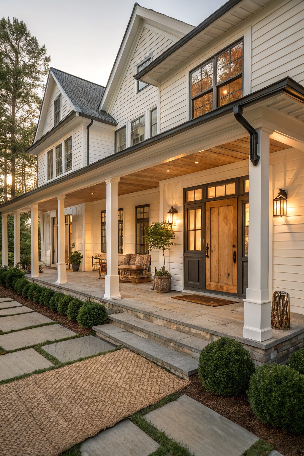 A white two-story farmhouse with a large covered porch featuring white columns, a wooden ceiling, and a wooden front door, set against stone steps and landscaping with paver paths and shrubs.