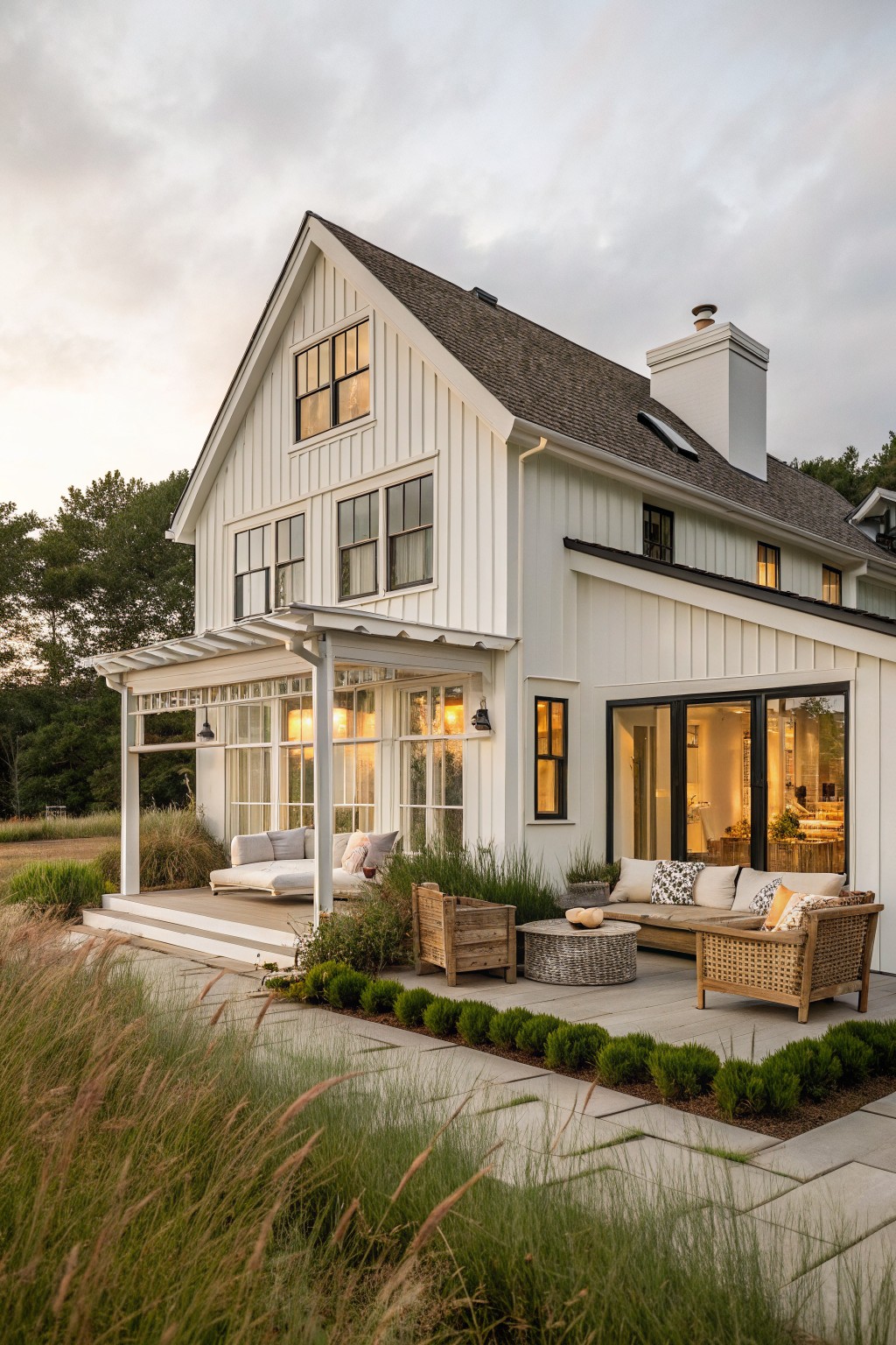 A white two-story farmhouse with vertical siding, a gabled roof, and a covered porch featuring wood decking and outdoor seating.