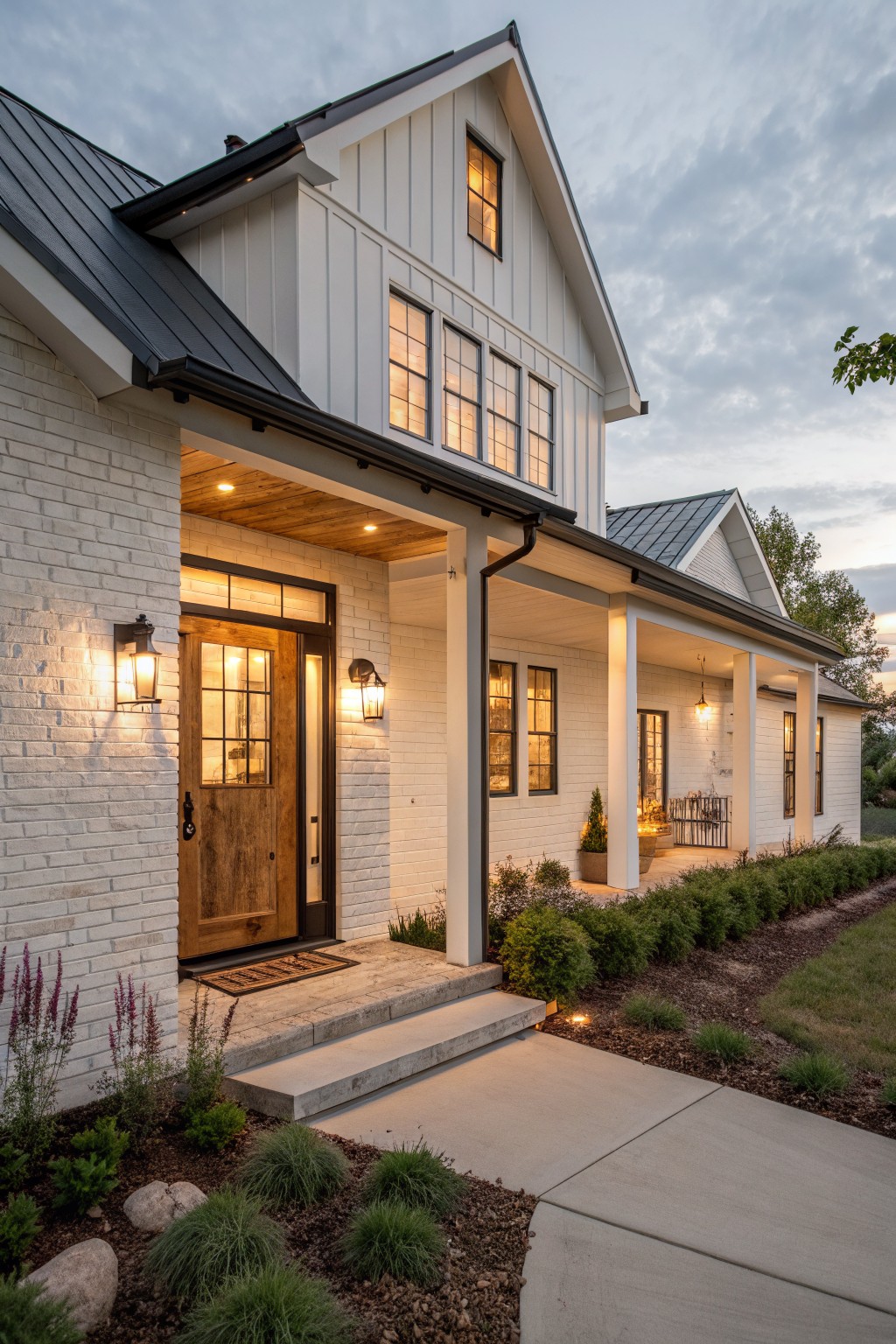 White farmhouse with brick accents, wooden door, and glowing porch at dusk