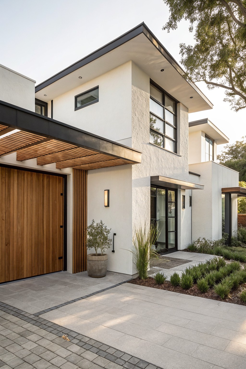 A modern white house exterior featuring a wooden garage door, vertical wood slats beside the entry, large black-framed windows, and a paved front approach with low plantings.