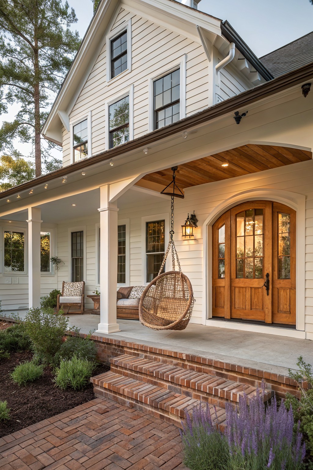 White two-story farmhouse with a covered porch, wooden ceiling, arched wooden double doors, and a hanging woven chair on the porch.
