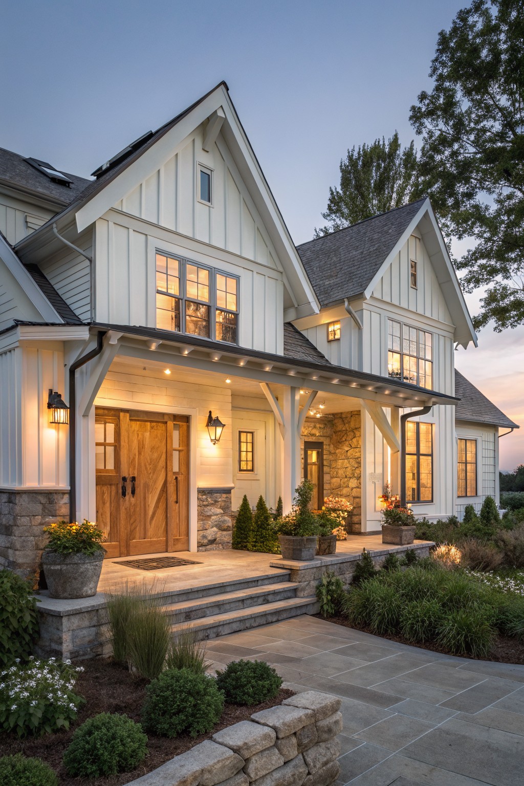 A white farmhouse with a gabled roof, wooden double front doors under a covered porch, stone foundation, and landscaping with potted plants and shrubs.