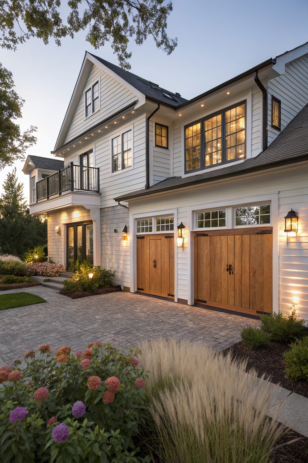 A two-story white farmhouse exterior with black trim, wooden garage doors, and a brick driveway lined with flowers and ornamental grass.