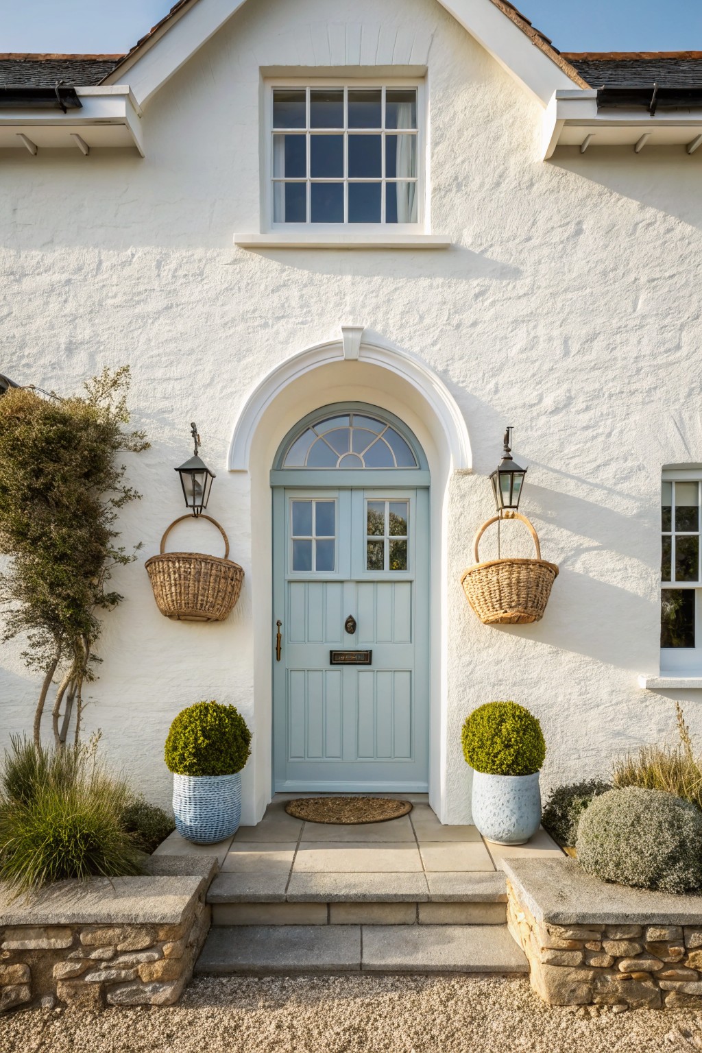 Front view of a white stucco house with a light blue door centered under a white arched entry, flanked by hanging wicker baskets and potted shrubs on stone steps.