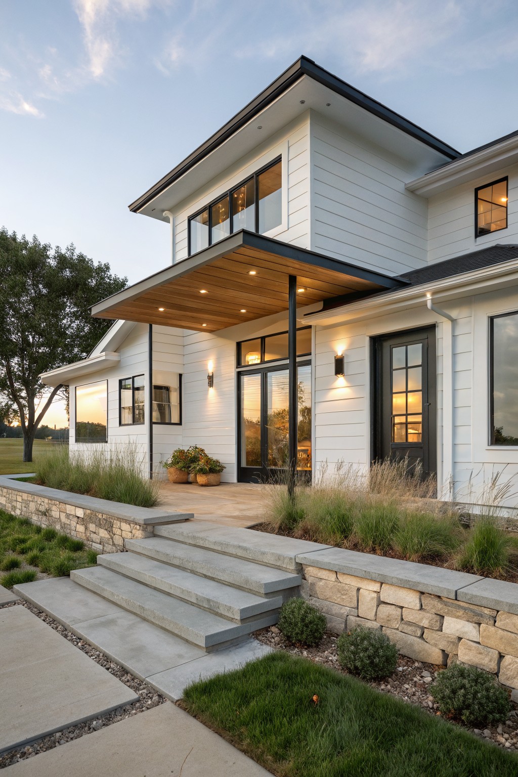 A white two-story farmhouse exterior at dusk featuring black trim, a wooden ceiling on the front overhang, concrete steps, and stone retaining walls with landscaping.