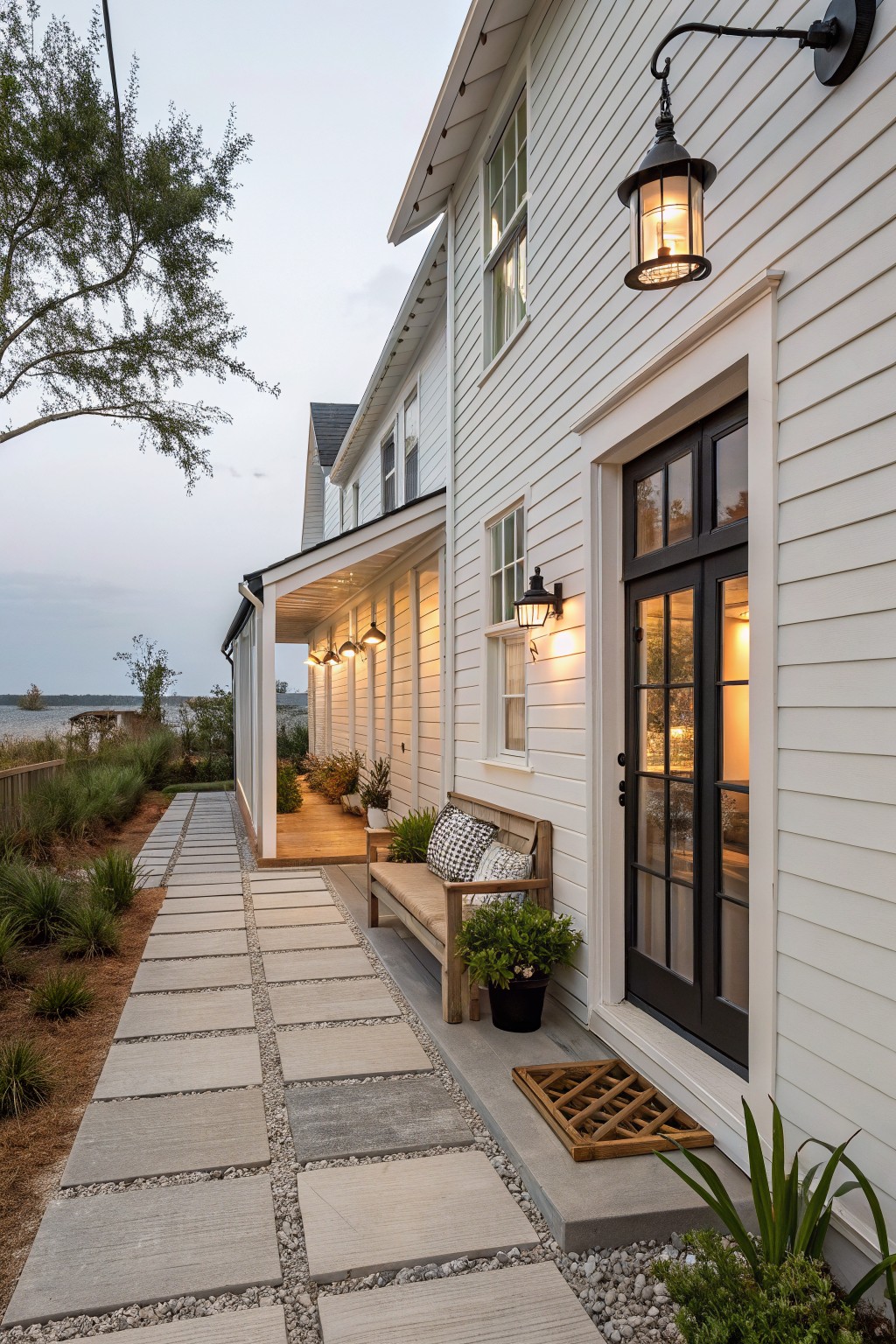 White house with black door, porch bench, stone path, and waterfront view.