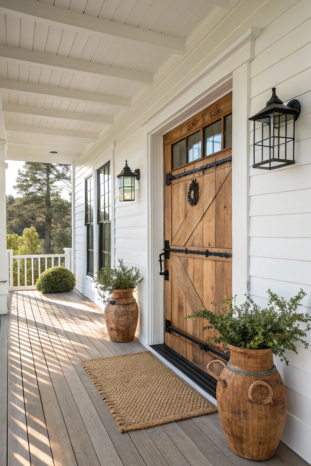White porch with wooden door, black lanterns, potted plants, and woven doormat