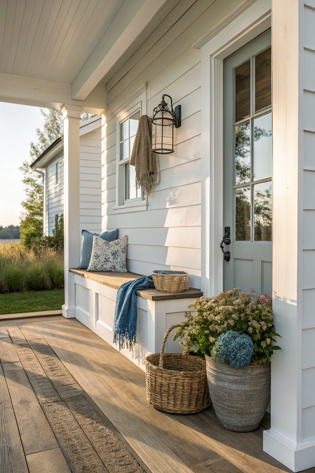 White coastal farmhouse porch with a built-in wooden bench under a window, light blue door, woven baskets, and potted plants beside the entrance.