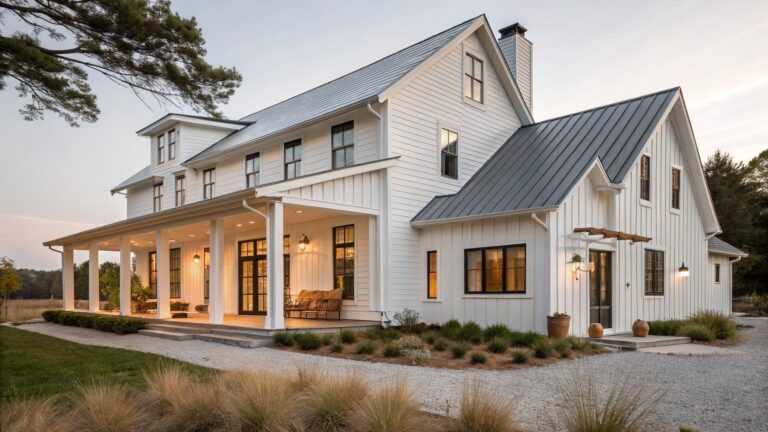 A white two-story farmhouse exterior with a dark metal roof, black window trim, and a wide covered porch.
