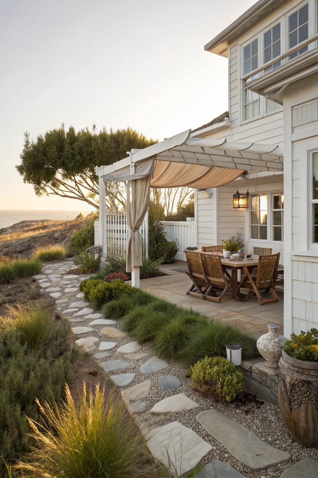 A white coastal farmhouse exterior with a stone path leading to a patio dining set under a white pergola fitted with a beige fabric shade.