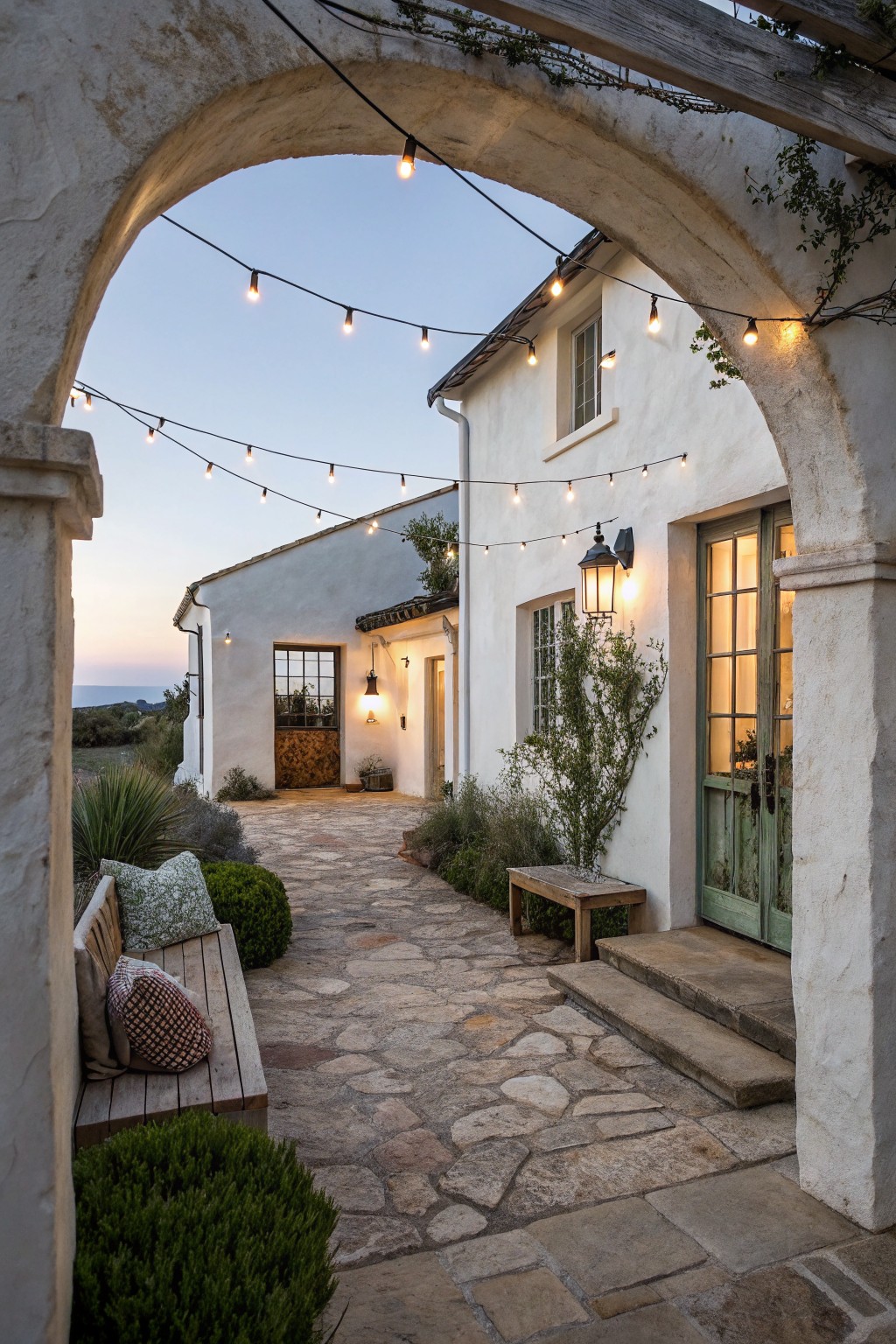A white stucco farmhouse exterior at dusk with string lights overhead, a stone path, wooden bench, and green door.