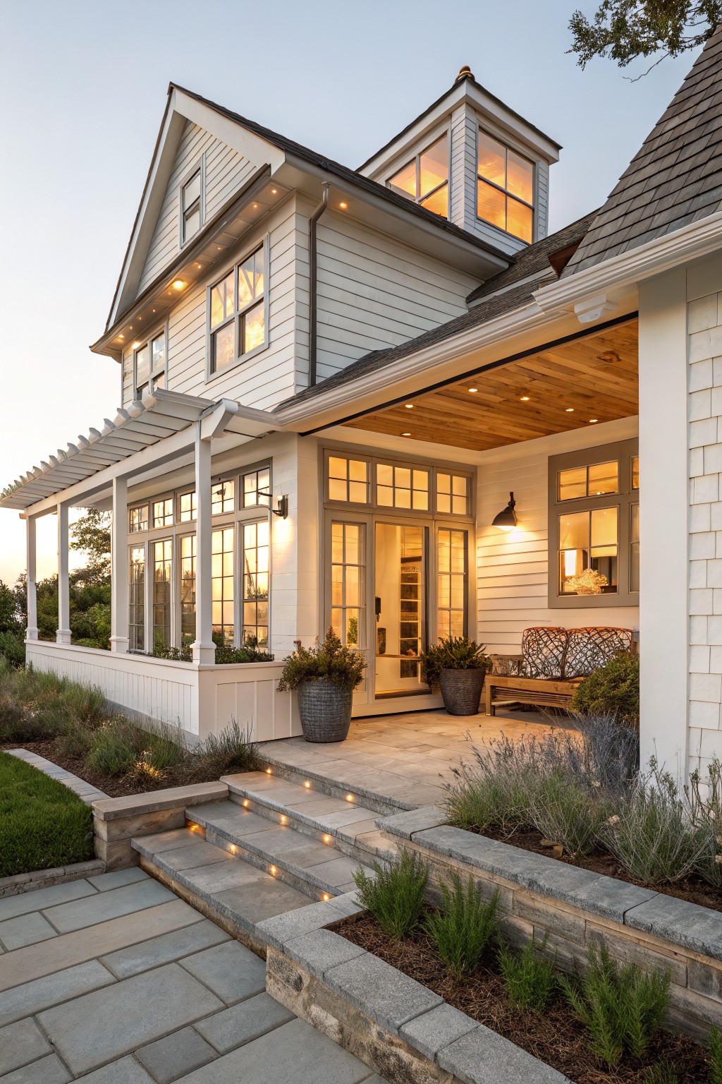 A white two-story coastal farmhouse exterior with a covered porch, wooden ceiling, and large glass-paned doors and windows.