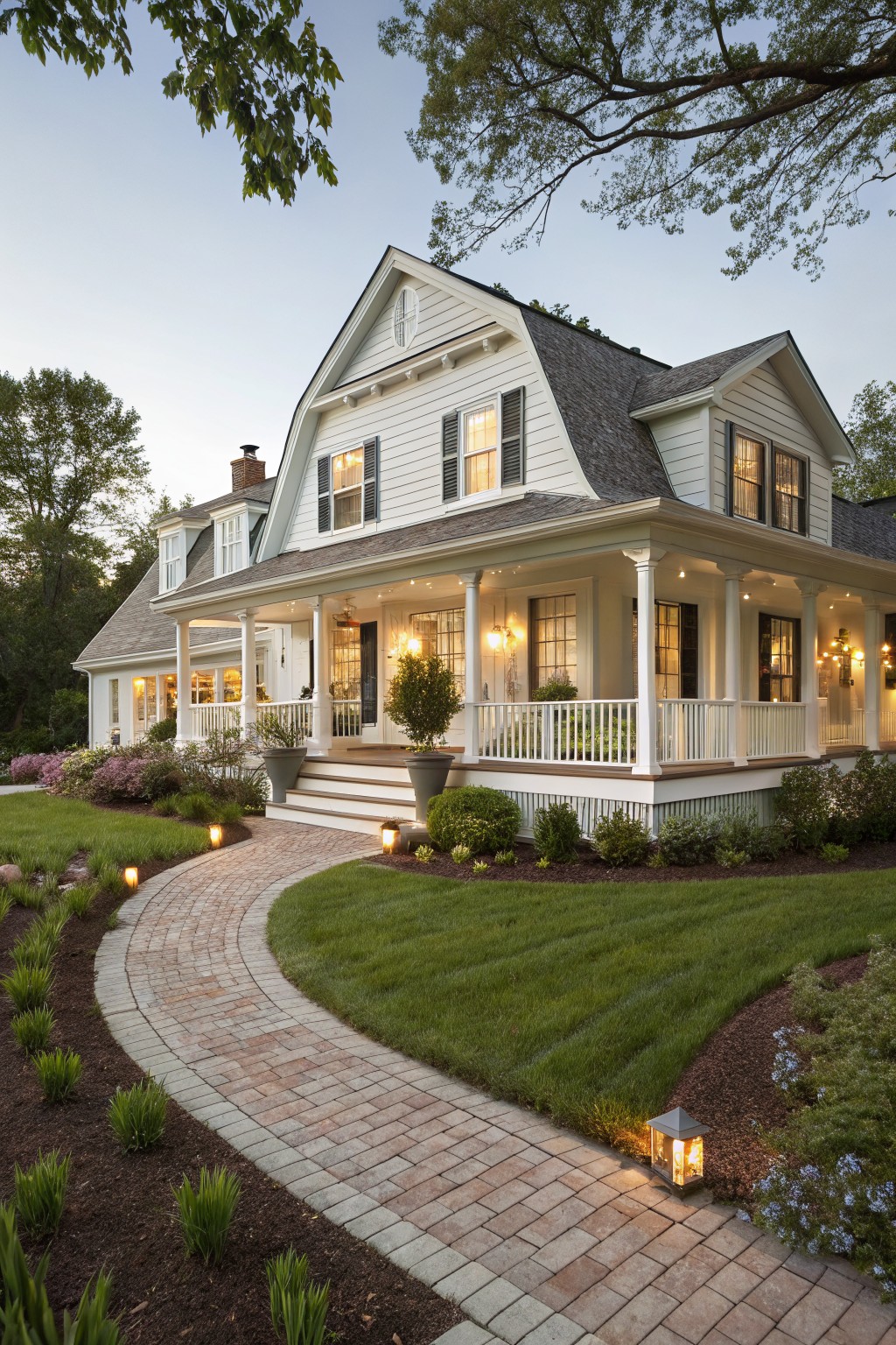 A white two-story farmhouse with dark shutters, a wraparound porch, and a curved brick pathway at dusk.