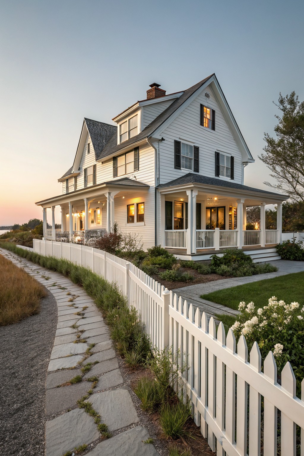 A white two-story coastal farmhouse exterior with black shutters, a wraparound porch, and a white picket fence beside a stone path.