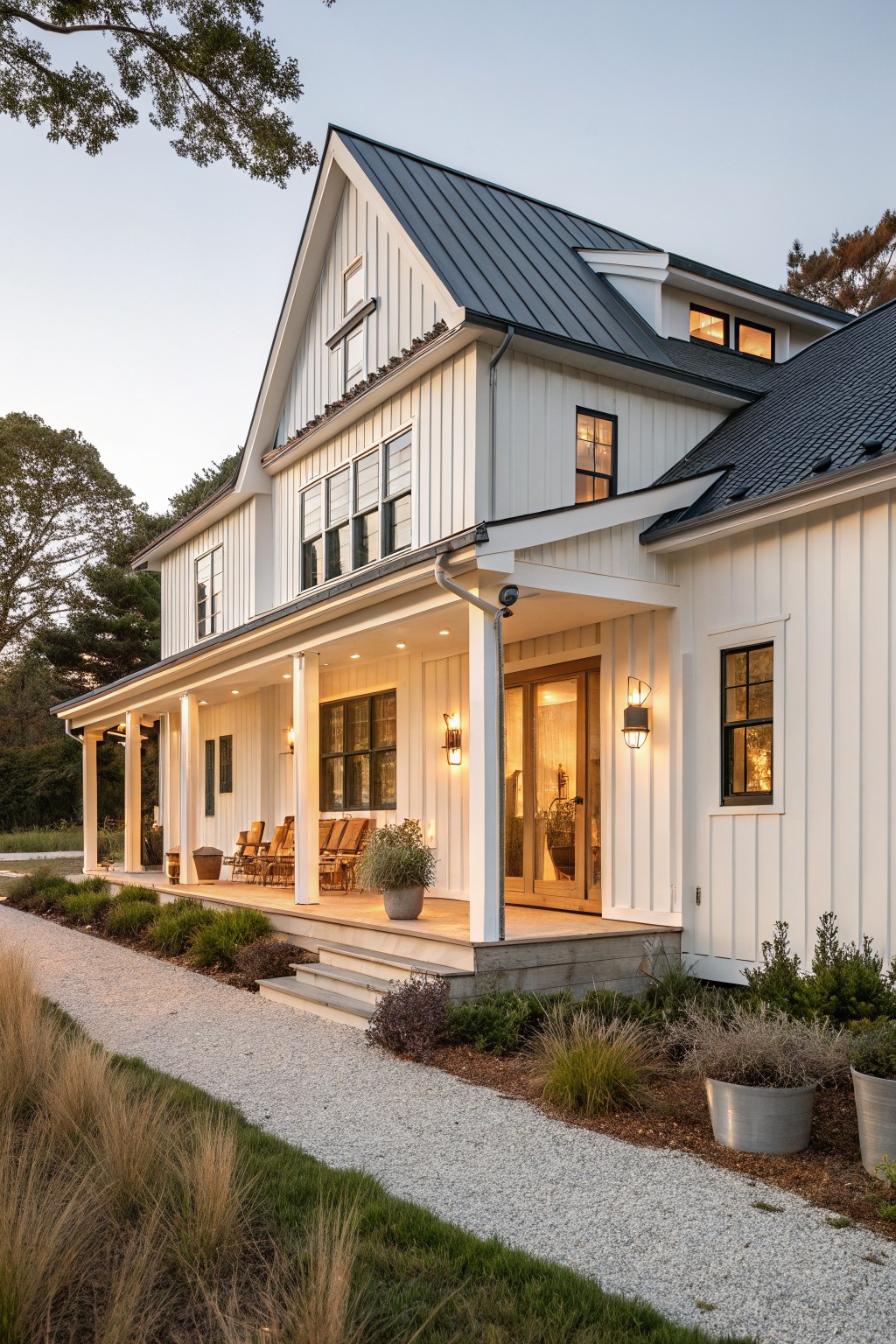 A white two-story farmhouse exterior with a dark metal roof, black window trim, and a wide covered porch.
