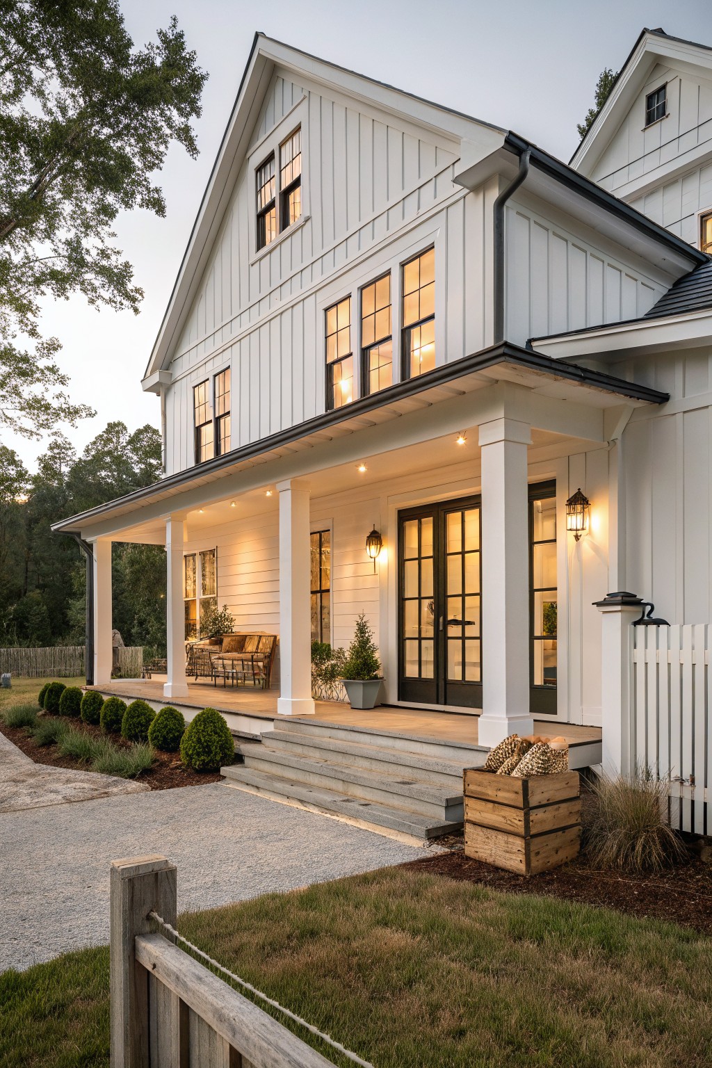 White two-story farmhouse with glowing porch, black doors, and pumpkin crate.