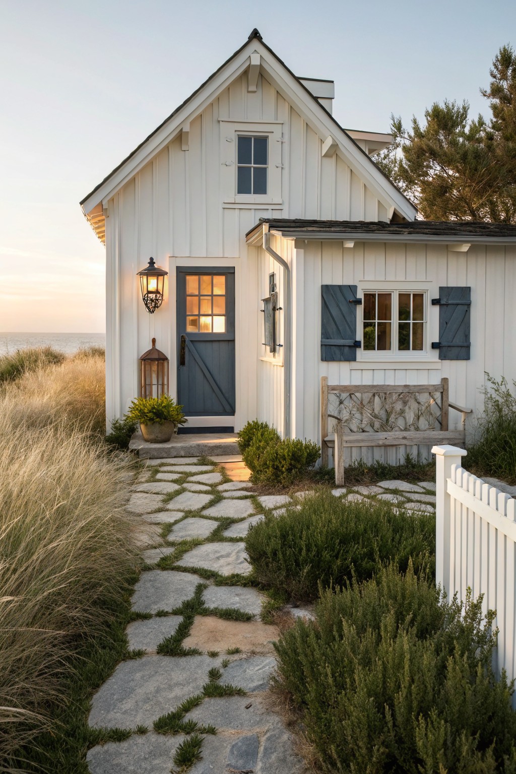 Front view of a white gabled house with a blue-gray door, matching shutters, and a stone path leading to the entry.