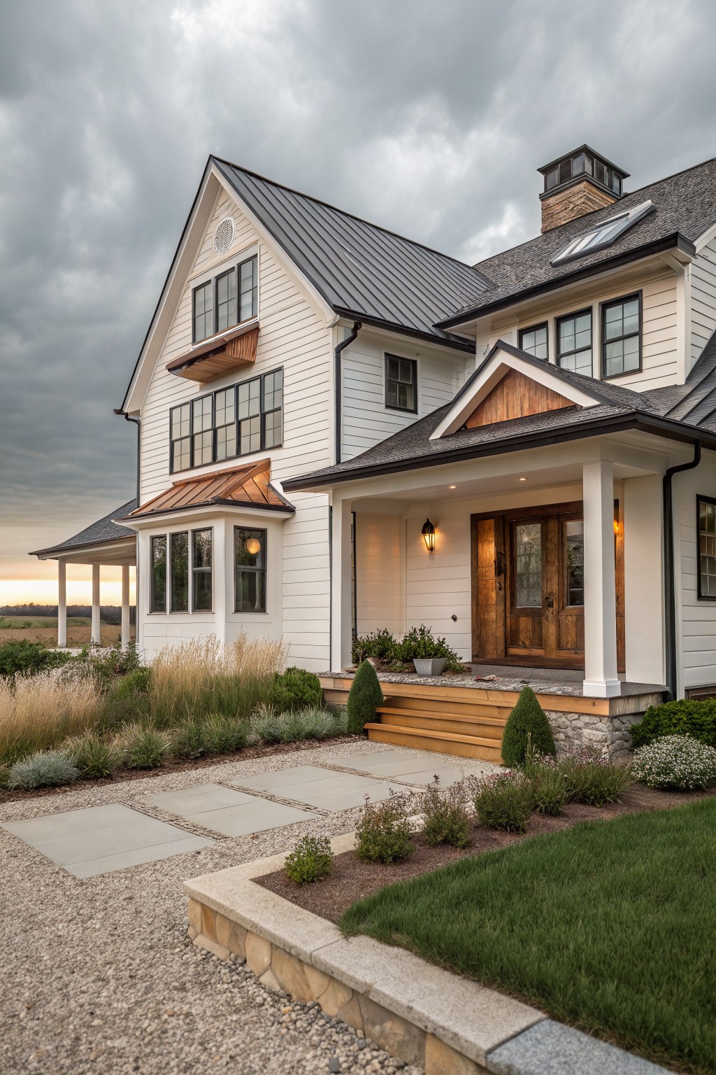 A white two-story farmhouse with a dark metal roof, wood accents on the gables and porch, large grid windows, and a front entry with white columns and wooden doors.
