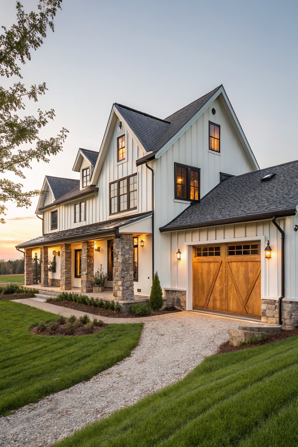 A two-story white farmhouse with dark roofing, a covered porch supported by stone pillars on the left, and a two-car wooden garage door on the right, viewed from a gravel driveway at dusk.
