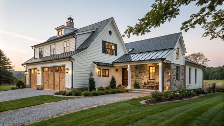 A two-story white farmhouse with dark roofing, a covered porch supported by stone pillars on the left, and a two-car wooden garage door on the right, viewed from a gravel driveway at dusk.
