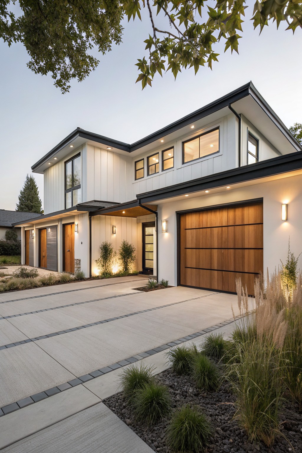 A modern white farmhouse with black trim and a large wood garage door integrated into the front elevation.